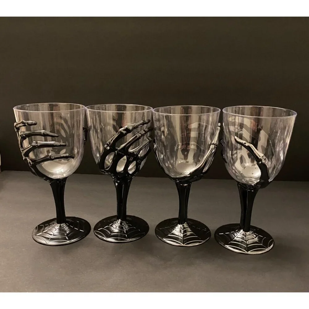 Set of 2 Metallic Silver look 3D Skeleton Hand Goblet & Cup w/ Spider Web Base